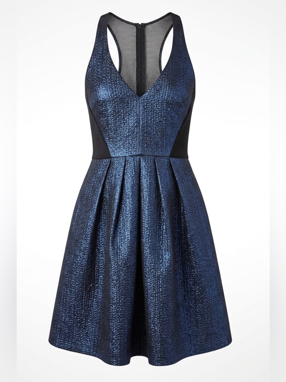 Phoebe Couture Shimmery Navy and Black Fit-&-Flare Dress with mesh racer back